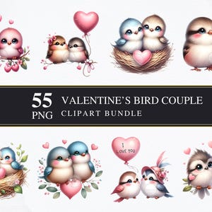 Couple d'oiseaux de la Saint-Valentin | Clipart PNG | Commerciale | Graphiques imprimables | Fabrication de cartes | Sublimation | Découpage | Numérique | Pack PNG