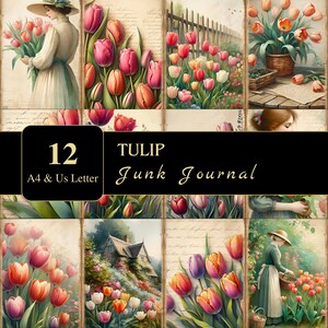Páginas de diario basura con tulipanes / Tamaño carta y A4 / Material imprimible / Decoupage / Scrapbooking / Gráficos / Digital / Efímeras / Tulipanes
