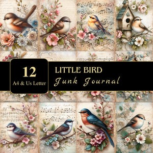Kleine vogel ongewenste dagboekpagina's | US Letter en A4 | Afdrukbare voorraad | Digitaal | Knippen | Tijdelijke verschijnselen | Plakboeken | Vogels | Afbeeldingen: