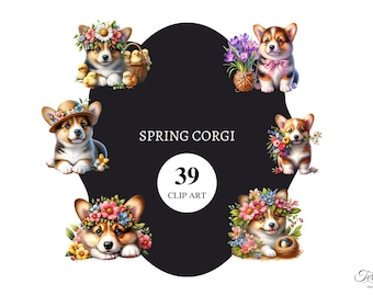 39 Spring Corgi Clip art | transparent png | High resolution | card making | junk journal | scrapbooking | decoupage
