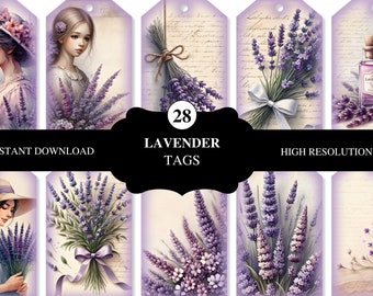 28 Lavender Tags | Two Sizes | Printable Tag | Junk Journal Supply | Scrapbooking | Instant Download | Lavender Tag