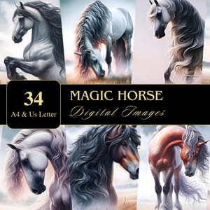 Caballos mágicos / Tamaño carta y A4 de EE. UU. / Imprimible / Digital / Decoupage / Scrapbooking / Fabricación de tarjetas / Arte mural / Diario basura / Papel digital