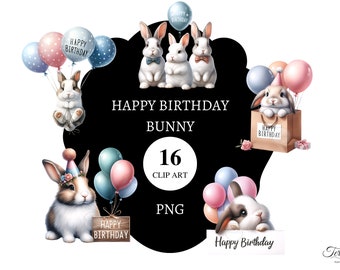 16 Happy Birthday Bunny  l Clipart | Transparent PNG | Commercial License | Printable | Card Making | Party Bunnies |