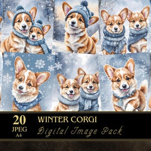 Wintercorgis | Druckbar A4 | Grafiken | Junk Journal | Papiermodelle | Scrapbooking | Serviettentechnik | Digitale Kunst | Aquarell | Pembroke |
