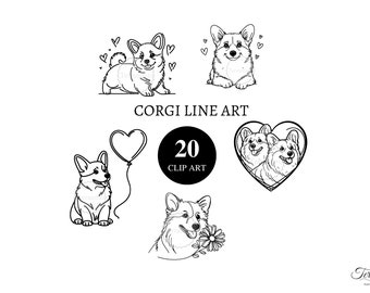 20 Corgi  line art | clipart | transparent png | High resolution | card making | junk journal | scrapbooking | decoupage