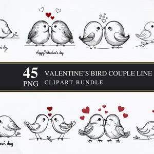 Dessin au trait couple d'oiseaux de la Saint-Valentin | Clipart PNG | Commerciale | Graphiques imprimables | Fabrication de cartes | Sublimation | Découpage | Numérique | Lot