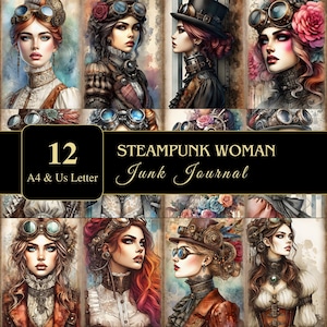 Páginas de diario basura de Steampunk Woman / Tamaño carta y A4 / Material imprimible / Decoupage / Scrapbooking / Fabricación de tarjetas / Papel digital / Gráficos