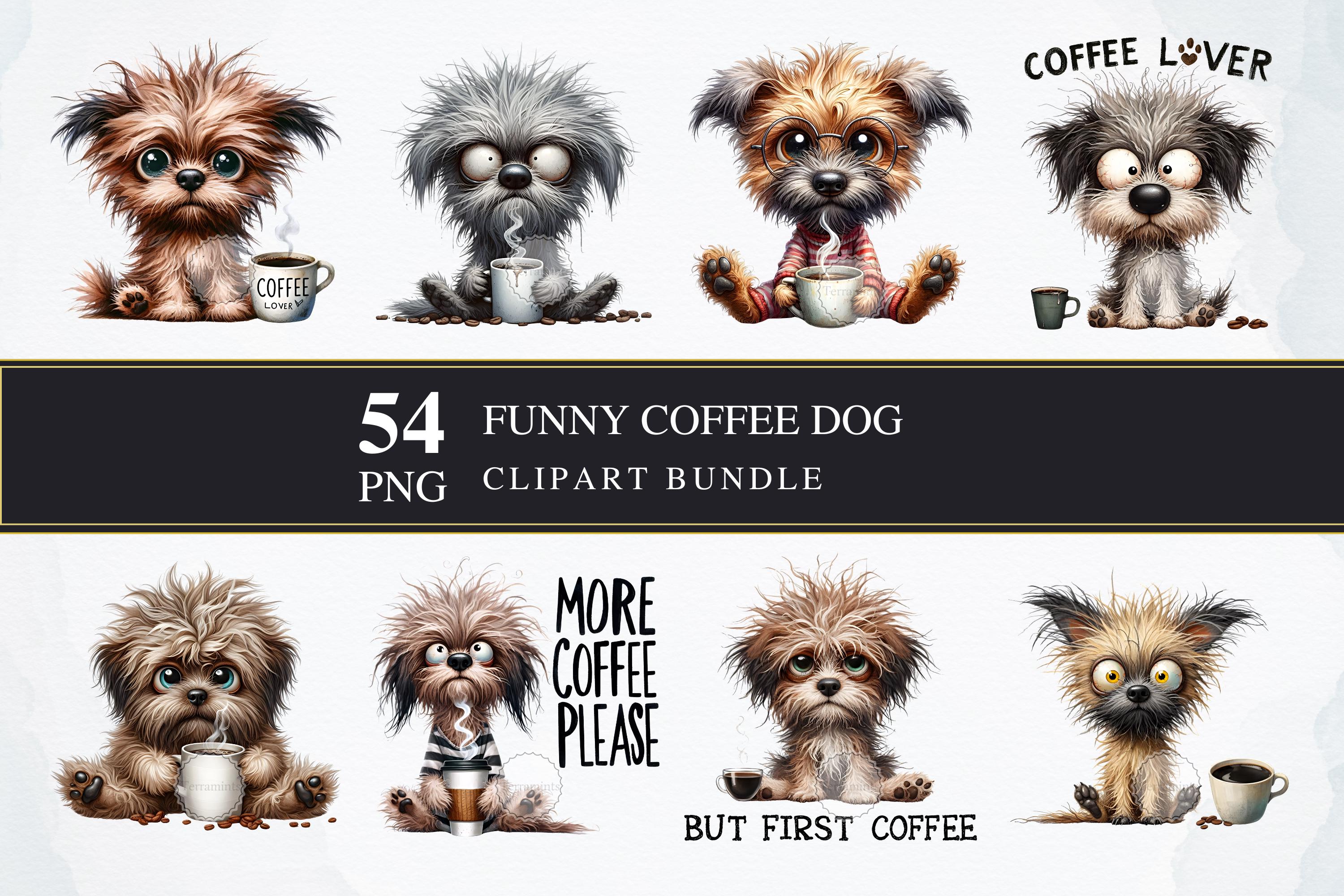 Lustiger Kaffee Hund | Clipart PNG | Gewerblich | Druckbare Grafiken | Kartengestaltung | Sublimationsdruck | Serviettentechnik | Digital | Comic Hund | PNG-Bundle