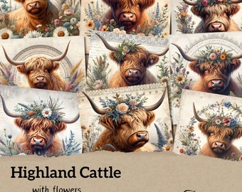 Highland Cattle with flowers | high resolution | digital paper | junk journal | scrapbooking | decoupage | paper crafts