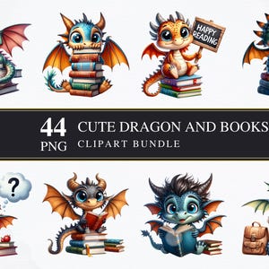 Süßer Drache mit Büchern | Clipart PNG | Gewerblich | Druckbare Grafiken | Kartengestaltung | Sublimationsdruck | Serviettentechnik | Digital | PNG-Bundle