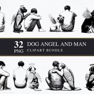 Hund Engel und Mann Linie Kunst | PNG | Gewerblich | Druckbar | Kartengestaltung | Sublimationsdruck | Serviettentechnik | Digital | Clipart PNG | Hundeverlust