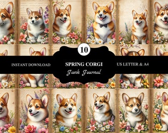 10 Spring Corgi  | Us Letter And A4 | High Resolution | Junk Journal Pages | Scrapbooking | Decoupage | Card making |