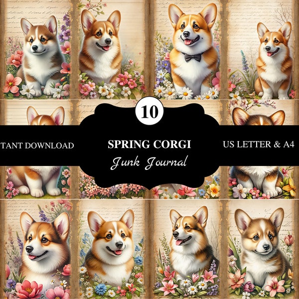 10 Spring Corgi  | Us Letter And A4 | High Resolution | Junk Journal Pages | Scrapbooking | Decoupage | Card making |