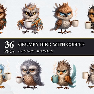 Pájaro gruñón con café Clipart / Paquete PNG / Lindo pájaro enojado con taza / Ilustración divertida de pájaro / PNG transparentes / Descarga digital