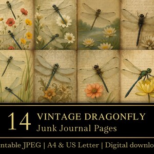 Vintage pagina's met ongewenste libelles | Digitale kortstondige kit | Plakboekpapier | Kaarten maken | Knippen | A4 en US Letter | Direct downloaden