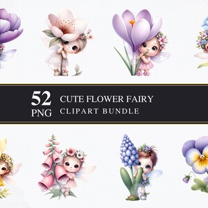 Niedliche Blumenfee | Clipart PNG | Gewerblich | Druckbare Grafiken | Kartengestaltung | Sublimationsdruck | Serviettentechnik | Digital | PNG-Bundle