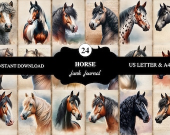 24 Horse junk journal pages | US letter & A4 | printable paper | 300dpi | scrapbooking | junk journal supply