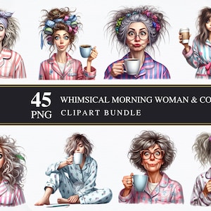 Whimsical Morning Woman With Coffee Clipart | PNG | Commercial | Printable | Card Making | Sublimation | Coffee Woman | Transparent PNGS