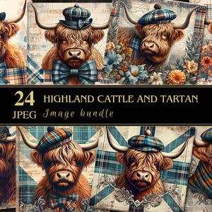 Gado das Terras Altas com Tartan | Clipart JPEG | Imprimível | Artesanato em Papel | Fabricação de Cartões | Diário de Junk | Decoupage | Gráficos | Digital