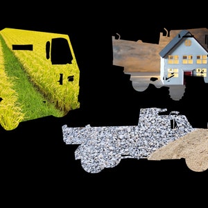 May include: Three silhouette images of trucks with different backgrounds inside. The first truck has a field of rice plants, the second truck has a house with lit windows, and the third truck has a pile of gravel and sand.