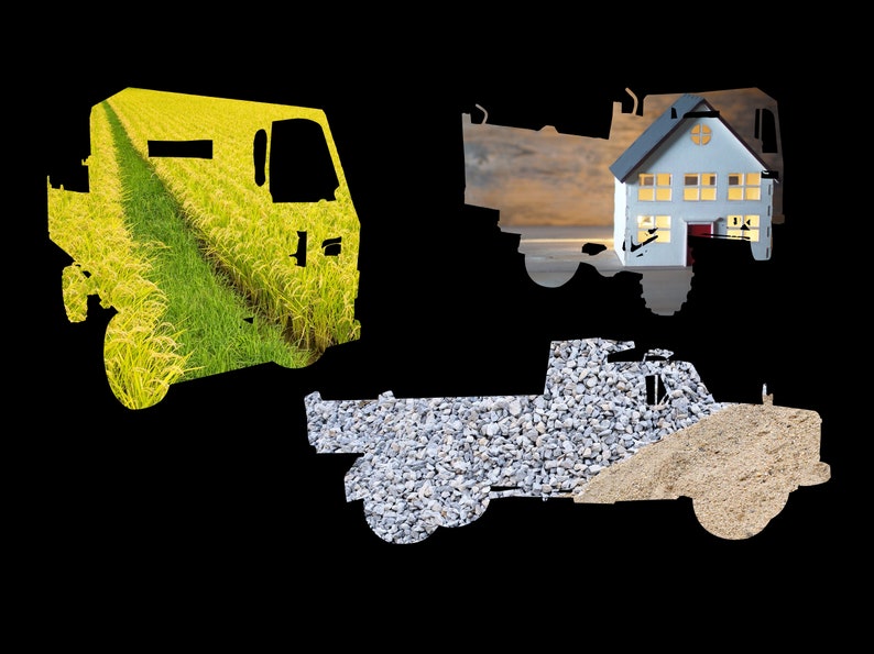 May include: Three silhouette images of trucks with different backgrounds inside. The first truck has a field of rice plants, the second truck has a house with lit windows, and the third truck has a pile of gravel and sand.