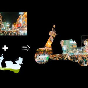 May include: A silhouette of a scooter with a sidecar filled with people. The scooter and sidecar are filled with images of a bustling night market with colorful lights and signs.