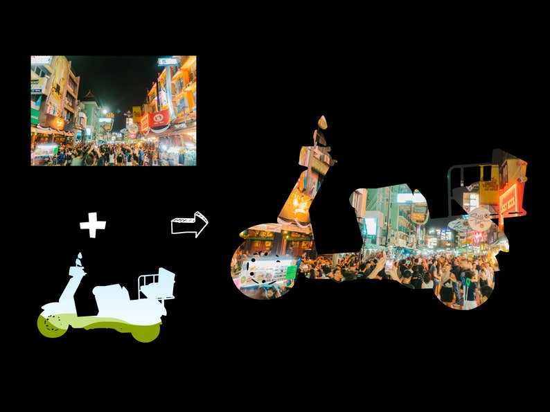 May include: A silhouette of a scooter with a sidecar filled with people. The scooter and sidecar are filled with images of a bustling night market with colorful lights and signs.