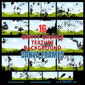 Puede incluir: 16 marcos de fondo de textura grunge para Canva. Los marcos presentan un cielo azul con nubes blancas y colinas verdes con una textura desgastada y arenosa.