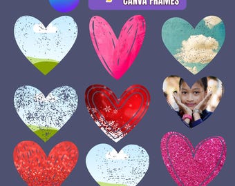 9 marcos de Canva con forma de corazón: plantillas digitales editables para fotos y diseños: arrastrar y soltar