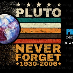 May include: A retro-style graphic with a watercolor illustration of Pluto, a planet in our solar system. The graphic has a vintage look with a distressed background and a rainbow of colors. The text reads "PLUTO NEVER FORGET 1930-2006".