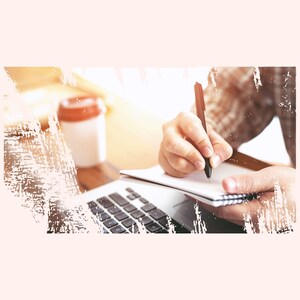 May include: A person writing in a notebook with a pen, with a laptop and a coffee cup in the background.