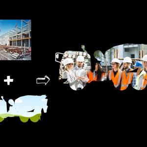 May include: A group of construction workers wearing safety vests and hard hats stand in front of a concrete mixer truck. The truck is partially obscured by the workers. The background shows a construction site with a large building under construction.