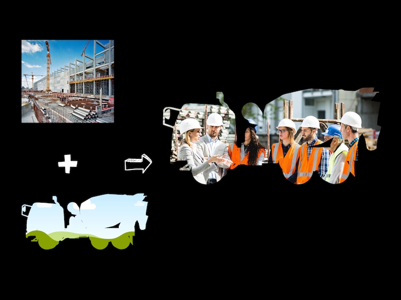 May include: A group of construction workers wearing safety vests and hard hats stand in front of a concrete mixer truck. The truck is partially obscured by the workers. The background shows a construction site with a large building under construction.