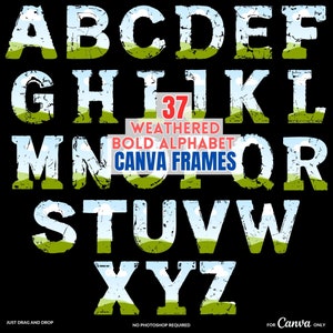 Puede incluir: Un alfabeto en negrita y desgastado con un diseño de paisaje verde, azul y blanco. Las letras están en un estilo vintage y desgastado. El texto "37 Weathered Bold Alphabet Canva Frames" está incluido en la imagen.