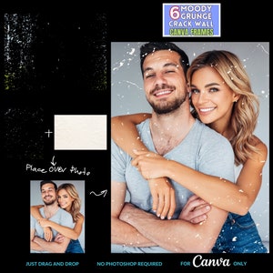 May include: Six moody grunge crack wall Canva frames. The frames are white with a grunge texture and are perfect for adding a vintage look to your photos. Just drag and drop your photo onto the frame and you're ready to go. No Photoshop required.