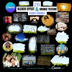 May include: A set of 26 digital frames for Canva featuring grunge and bleach effects. The frames are in various shapes and sizes, including circles, squares, and rectangles. Some frames have a white background with black grunge effects, while others have a black background with white grunge effects. The frames are perfect for adding a unique and edgy touch to your photos and designs.