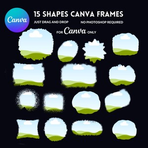 Puede incluir: Quince marcos Canva con diferentes formas, que presentan un campo verde, un cielo azul y nubes blancas. Los marcos están diseñados para usar en Canva y no requieren Photoshop.