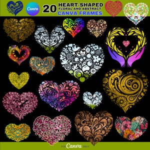 May include: Twenty heart-shaped frames with floral and abstract designs. The frames are in various colors, including red, yellow, blue, green, and purple. The frames are perfect for adding a touch of whimsy to your designs.