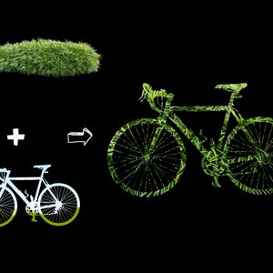 May include: A green bicycle silhouette made of grass, with a white bicycle silhouette superimposed on top. The green bicycle is on a black background.