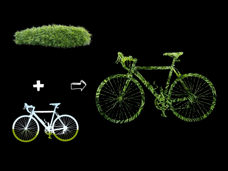 May include: A green bicycle silhouette made of grass, with a white bicycle silhouette superimposed on top. The green bicycle is on a black background.