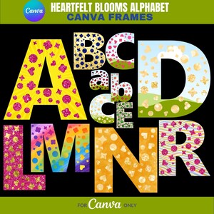 Könnte beinhalten: Ein farbenfrohes Alphabet, wobei jeder Buchstabe mit einem anderen Muster gefüllt ist. Die Buchstaben sind A, B, C, D, L, M, N und R. Die Buchstaben sind in verschiedenen Farben, darunter Gelb, Rosa, Blau, Grün und Orange. Die Muster umfassen Punkte, Streifen, Herzen, Sterne und Blumen.