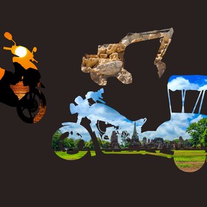 May include: Silhouettes of three different vehicles, a motorcycle, a scooter, and a tuk-tuk, with scenic landscapes visible through the cutouts. The motorcycle has a blue sky and clouds, the scooter has a sunset, and the tuk-tuk has a green field and trees.