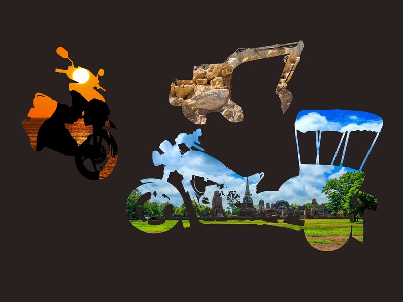 May include: Silhouettes of three different vehicles, a motorcycle, a scooter, and a tuk-tuk, with scenic landscapes visible through the cutouts. The motorcycle has a blue sky and clouds, the scooter has a sunset, and the tuk-tuk has a green field and trees.