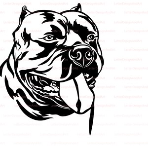 May include: Black and white line art illustration of a pit bull dog's head with its tongue sticking out.