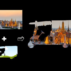 May include: A colorful illustration of a golf cart with a view of a golden temple in the background. The temple is surrounded by trees and a blue sky with white clouds.