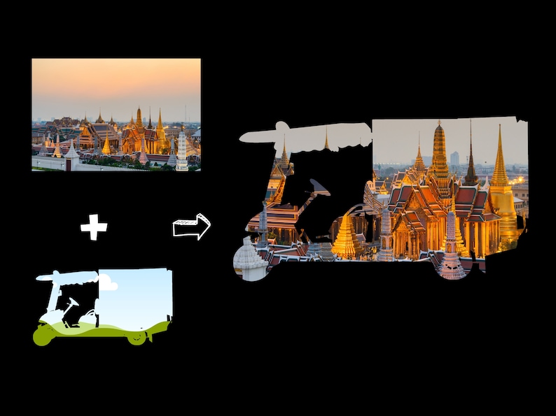 May include: A colorful illustration of a golf cart with a view of a golden temple in the background. The temple is surrounded by trees and a blue sky with white clouds.
