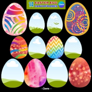 May include: 14 Easter egg Canva frames with different designs, including rainbow stripes, zigzags, watercolor, and glitter.  The frames are perfect for adding your own photos or text.
