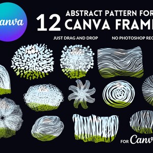 May include: Twelve abstract pattern forms for Canva. These frames are white with a green and blue background. The text "ABSTRACT PATTERN FORMS" and "12 CANVA FRAMES" is at the top of the image. The text "JUST DRAG AND DROP" and "NO PHOTOSHOP REQUIRED" is below the frames. The text "FOR Canva ONLY" is at the bottom of the image.