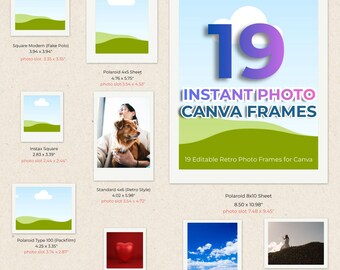 19 marcos de fotos instantáneos de estilo retro, bordes editables para Canva (descarga digital)
