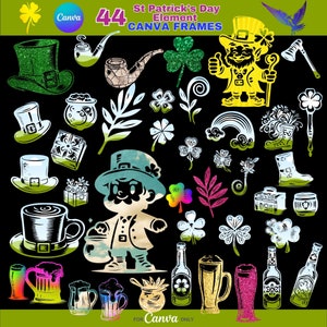 May include: A set of 44 St. Patrick's Day themed digital clipart elements. The elements include leprechauns, shamrocks, hats, pipes, beer mugs, and more. The elements are in a variety of colors, including green, gold, and black. The elements are perfect for creating St. Patrick's Day cards, invitations, and other crafts.